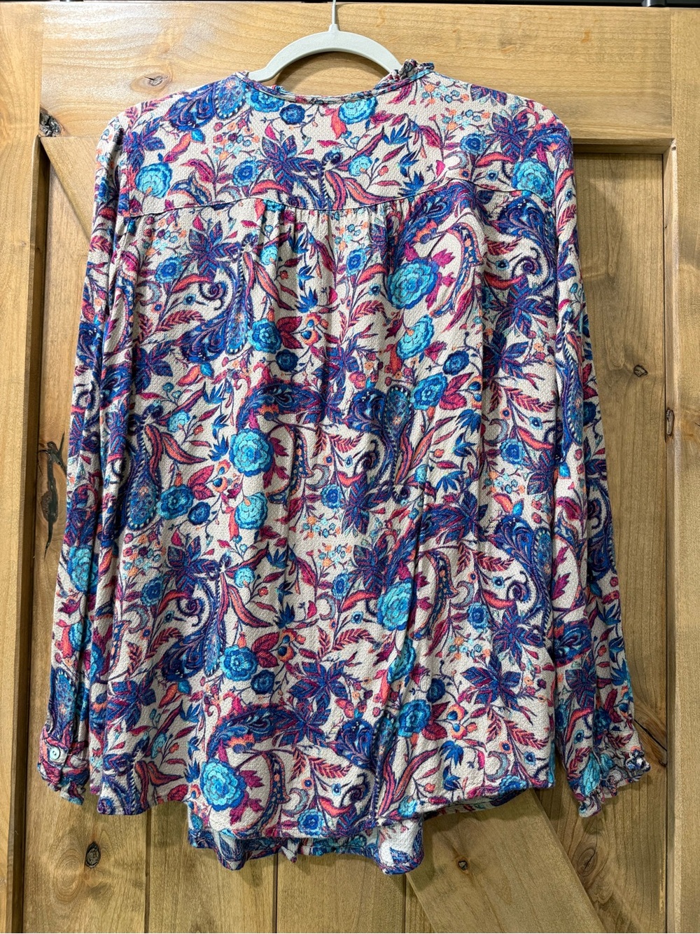 Vintage America Multicolor Floral Button-Front Blouse in Blue, Pink & Cream Sz L - Picture 3 of 4